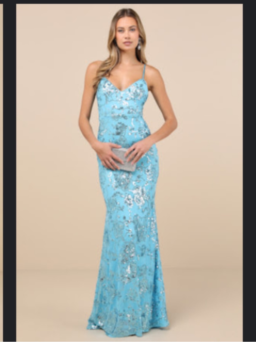 Lulu's Aqua Sequin Strap Slit Prom Dress